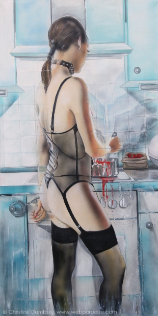 erotic-art-frauen-bild-akt-fine-art-gemaelde-malerin-christine-dumbsky-kueche-kochen-lady-marmelade